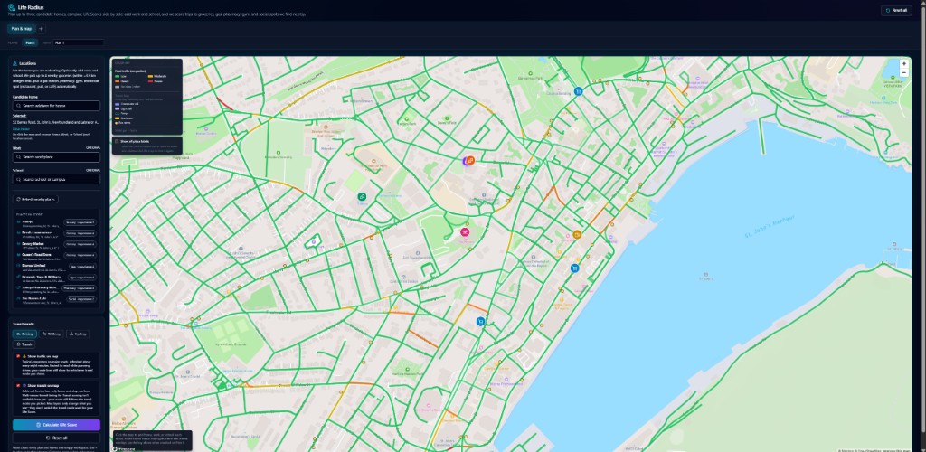 Life Radius: plan and map view with candidate home, POIs, traffic overlay, and St. John’s map